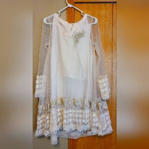 Pakistani desi soft net dress comes with silk slip and raw silk bell bottoms